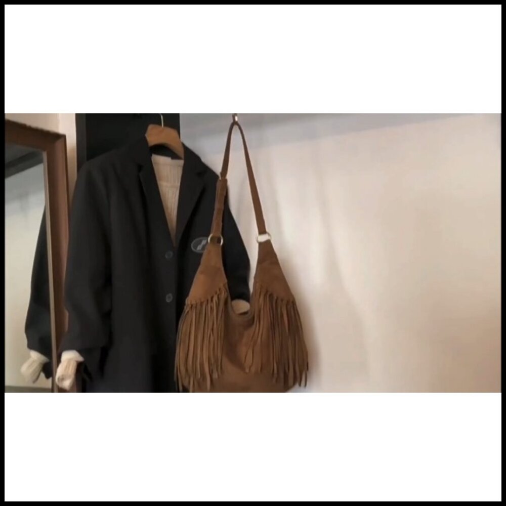 Brown Suede Hobo Purse Vintage Y2K Crossbody Shoulder Bag Fringe Tote - Picture 7 of 7